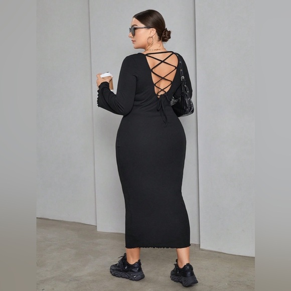 Plus Size Lace-Up Round Neck Wrap Dress - Picture 1 of 4